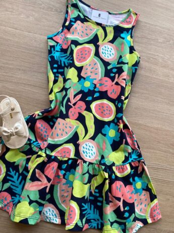 fernandaramoskids com br Vestido Infantil Feminino Curto Evase Estampa de Frutinhas 1