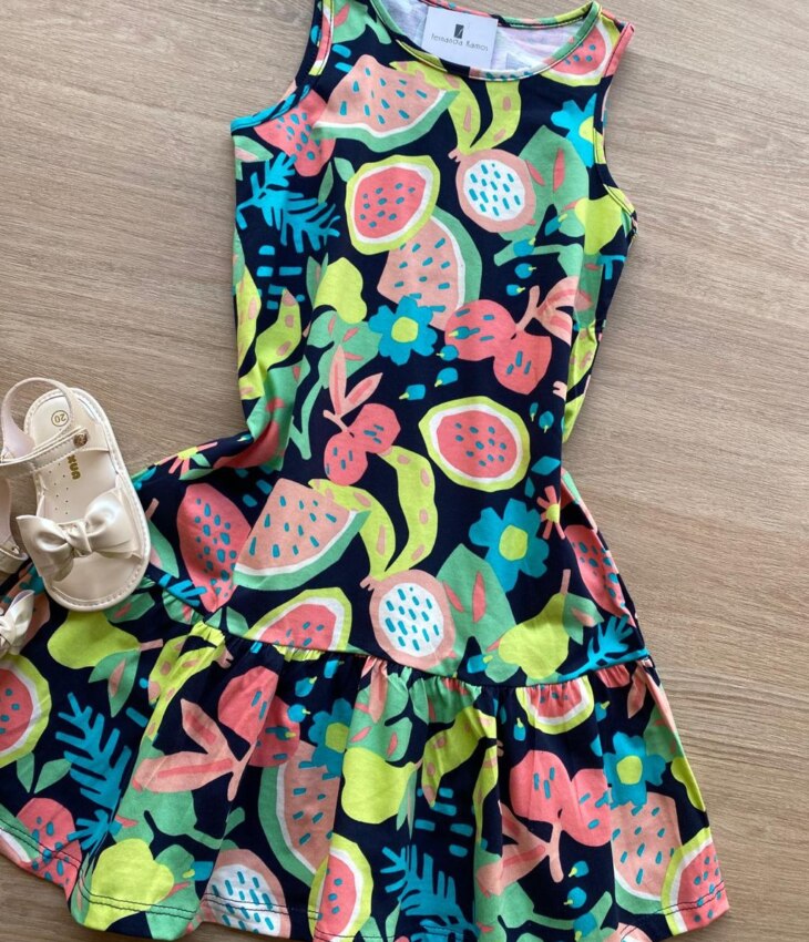 fernandaramoskids com br Vestido Infantil Feminino Curto Evase Estampa de Frutinhas 1