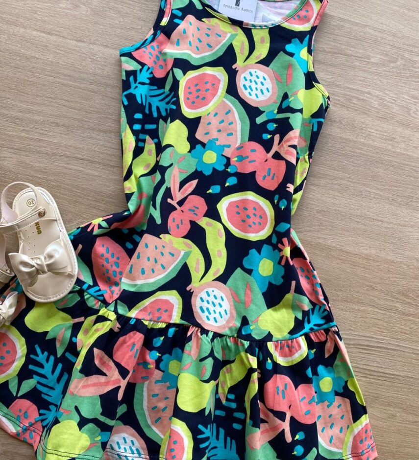fernandaramoskids com br Vestido Infantil Feminino Curto Evase Estampa de Frutinhas 1