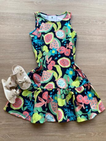 Vestido Infantil Feminino Curto Evase Estampa de Frutinhas Fernanda Ramos Kids