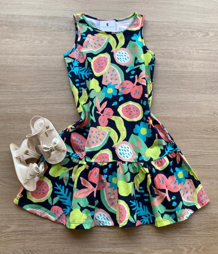 Vestido Infantil Feminino Curto Evase Estampa de Frutinhas Fernanda Ramos Kids