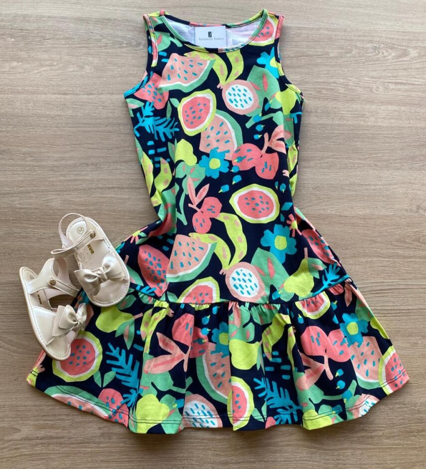 Vestido Infantil Feminino Curto Evase Estampa de Frutinhas Fernanda Ramos Kids