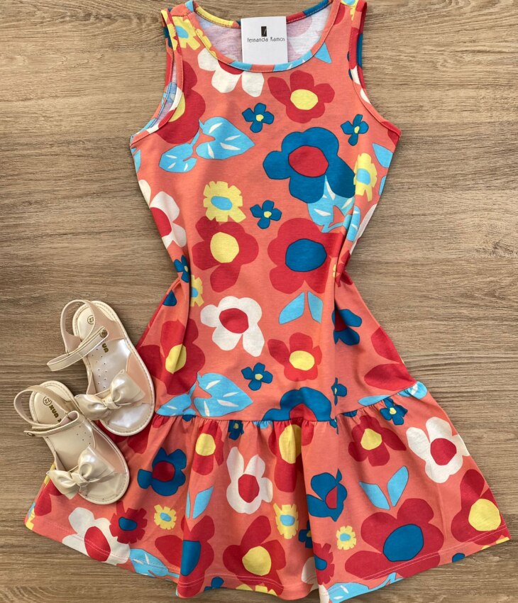 Vestido Infantil Feminino Curto Evase Estampa Floral Rosa Fernanda Ramos Kids