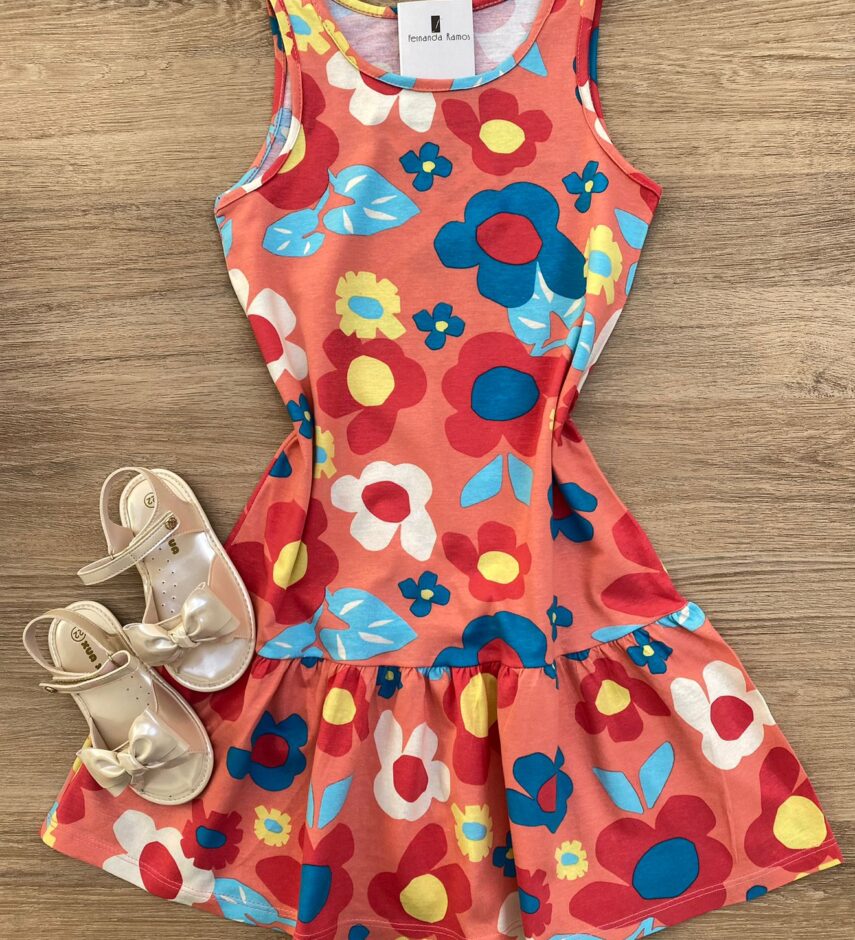 Vestido Infantil Feminino Curto Evase Estampa Floral Rosa Fernanda Ramos Kids