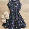 Vestido Infantil Feminino Curto Evase Estampado Preto Fernanda Ramos Kids