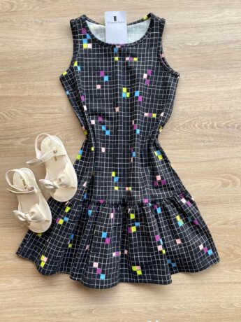 Vestido Infantil Feminino Curto Evase Estampado Preto Fernanda Ramos Kids