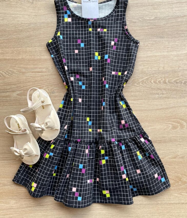 Vestido Infantil Feminino Curto Evase Estampado Preto Fernanda Ramos Kids