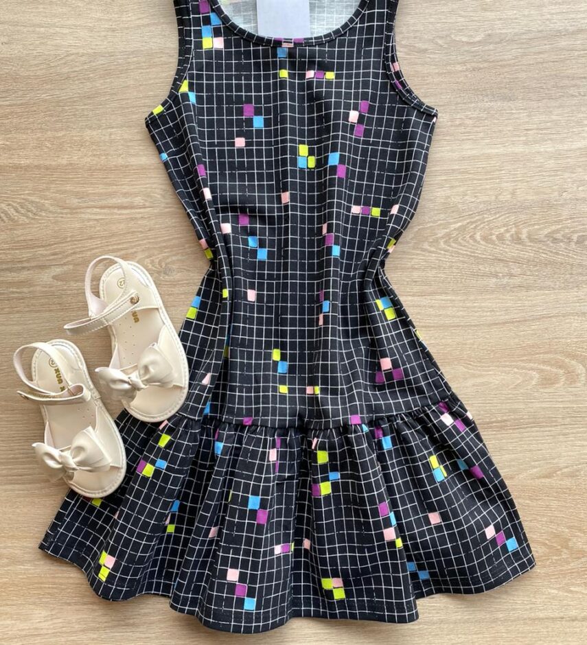 Vestido Infantil Feminino Curto Evase Estampado Preto Fernanda Ramos Kids