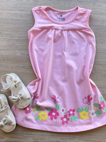 Vestido Infantil Feminino Curto Evase Rosa com Estampa Fernanda Ramos Kids