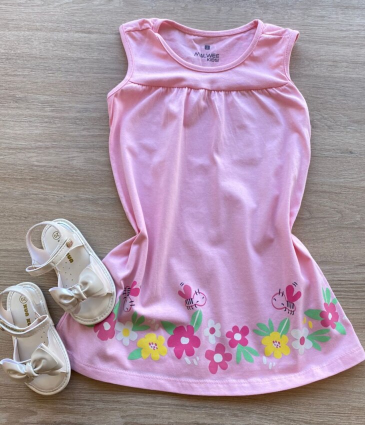 Vestido Infantil Feminino Curto Evase Rosa com Estampa Fernanda Ramos Kids
