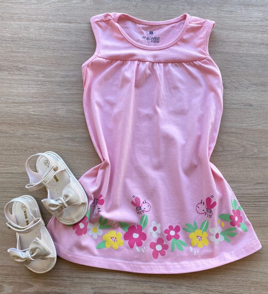 Vestido Infantil Feminino Curto Evase Rosa com Estampa Fernanda Ramos Kids