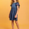 Vestido Infantil Feminino Curto Jeans Detalhe Bordado Fernanda Ramos Kids