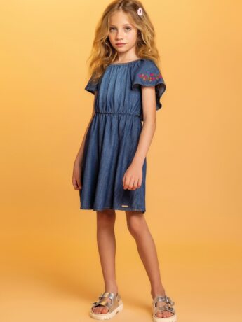 Vestido Infantil Feminino Curto Jeans Detalhe Bordado Fernanda Ramos Kids