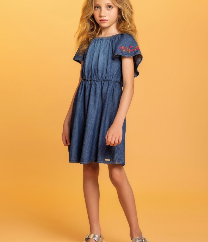 Vestido Infantil Feminino Curto Jeans Detalhe Bordado Fernanda Ramos Kids