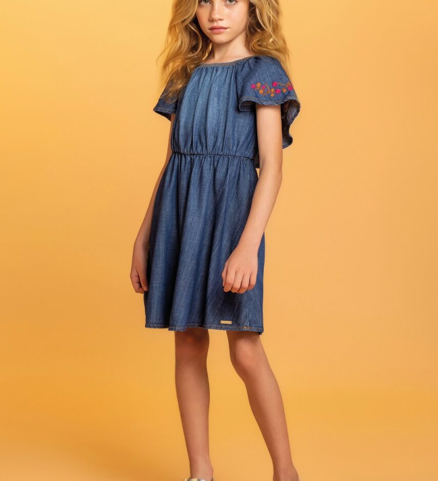 Vestido Infantil Feminino Curto Jeans Detalhe Bordado Fernanda Ramos Kids