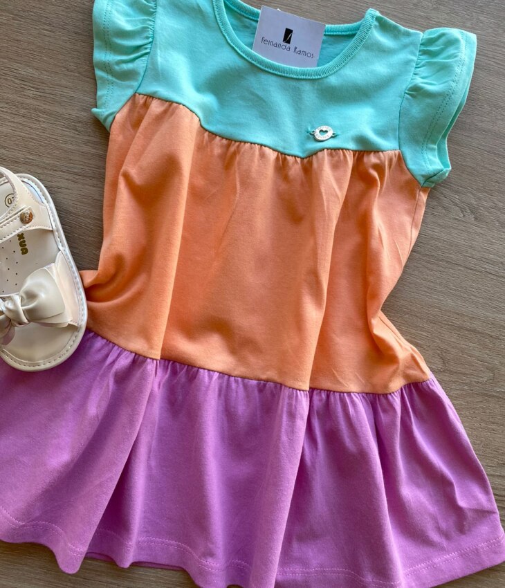 fernandaramoskids com br Vestido Infantil Feminino Curto Verde Laranja e Rosa 1