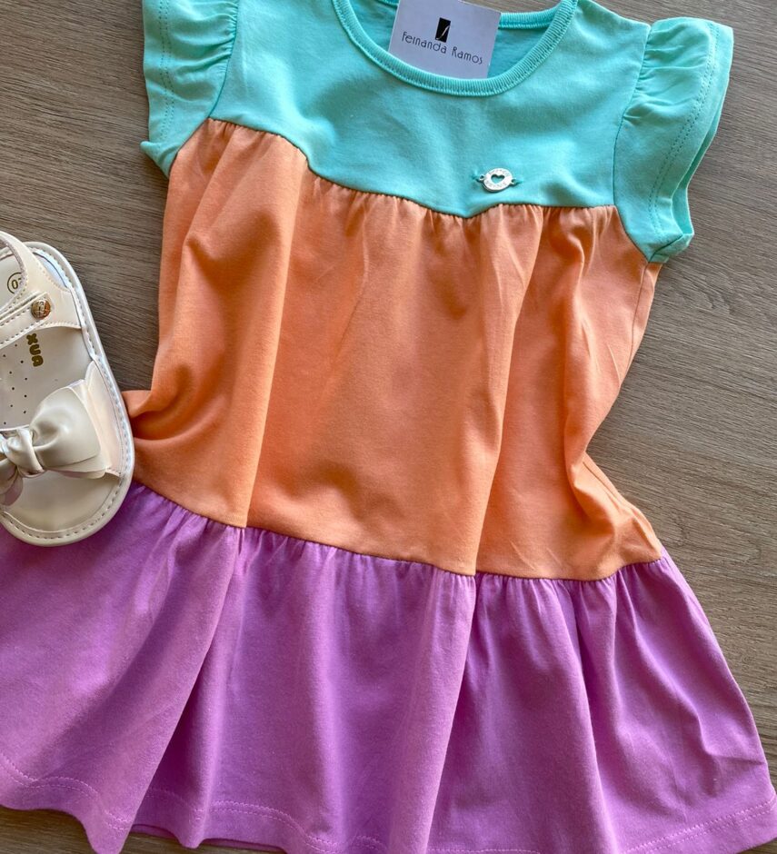 fernandaramoskids com br Vestido Infantil Feminino Curto Verde Laranja e Rosa 1