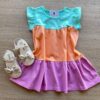 Vestido Infantil Feminino Curto Verde Laranja e Rosa Fernanda Ramos Kids