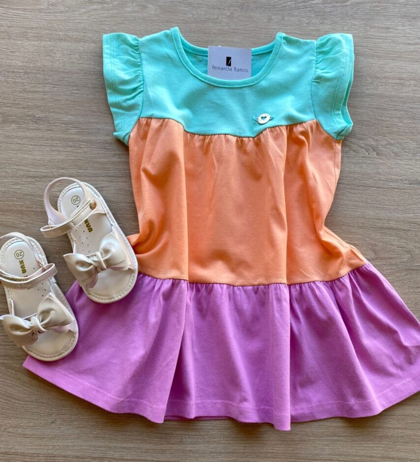 Vestido Infantil Feminino Curto Verde Laranja e Rosa Fernanda Ramos Kids