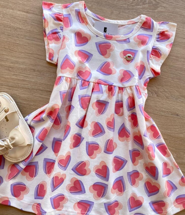 fernandaramoskids com br Vestido Infantil Feminino de Malha Estampa Corações Off White 1