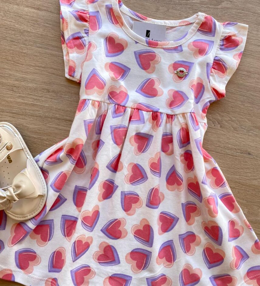 fernandaramoskids com br Vestido Infantil Feminino de Malha Estampa Corações Off White 1