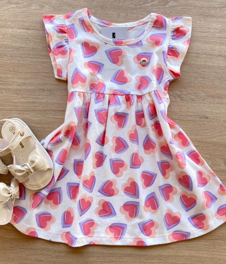Vestido Infantil Feminino de Malha Estampa Corações Off White Fernanda Ramos Kids