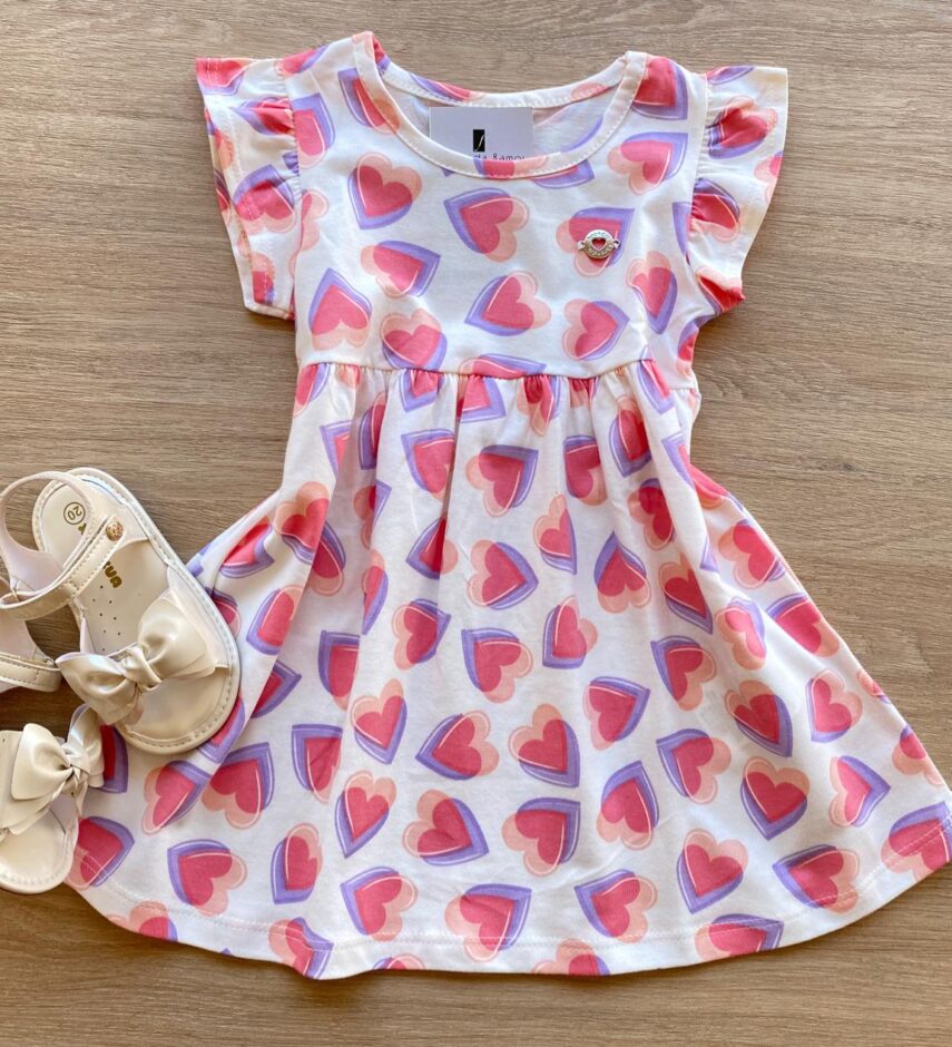 Vestido Infantil Feminino de Malha Estampa Corações Off White Fernanda Ramos Kids