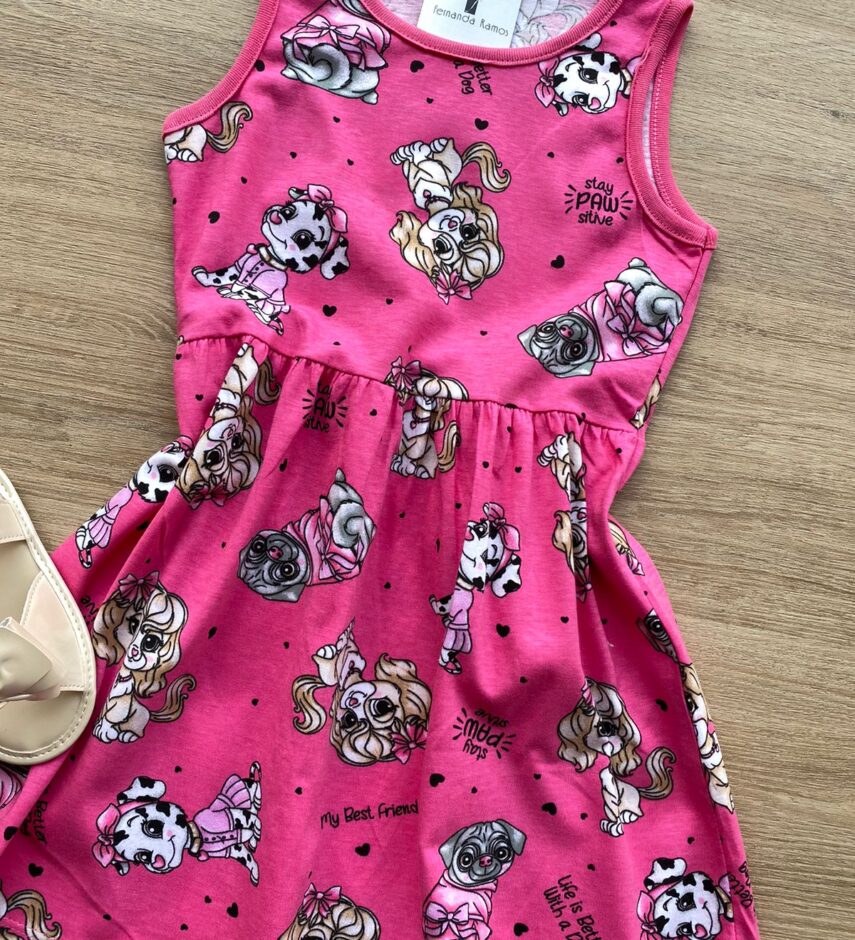 fernandaramoskids com br Vestido Infantil Feminino de Malha Estampa de Animais Rosa 1