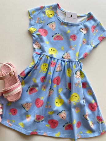 fernandaramoskids com br Vestido Infantil Feminino de Malha Estampa de Frutinhas Azul 1