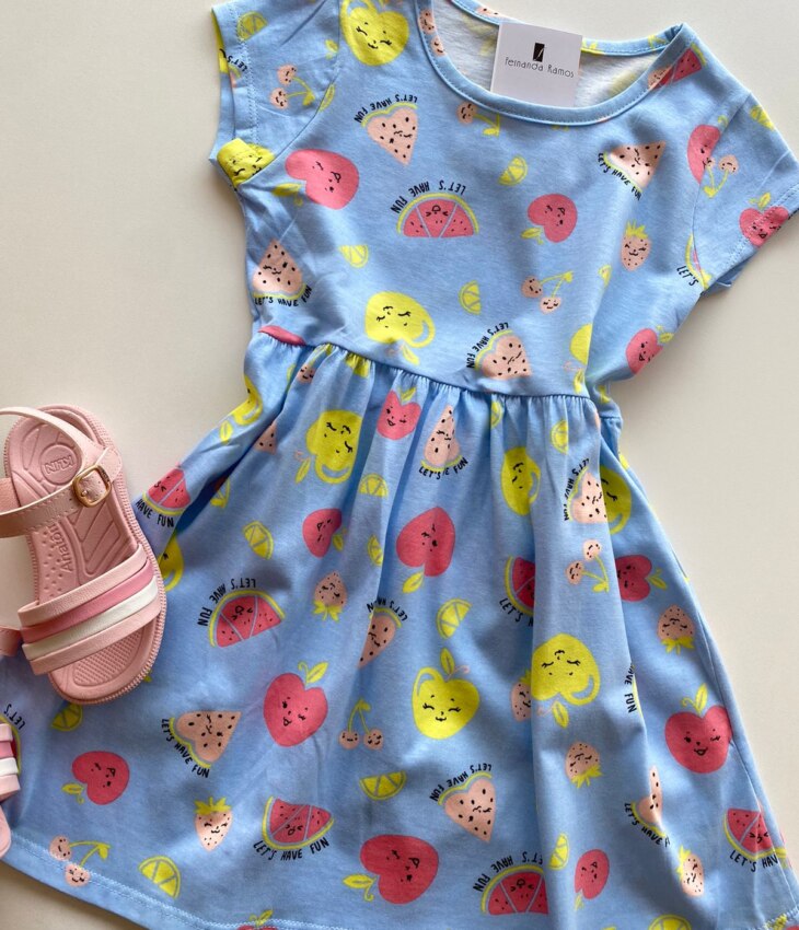 fernandaramoskids com br Vestido Infantil Feminino de Malha Estampa de Frutinhas Azul 1