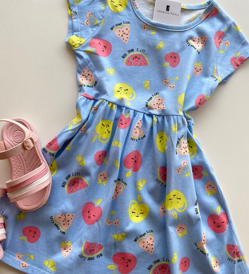 fernandaramoskids com br Vestido Infantil Feminino de Malha Estampa de Frutinhas Azul 1