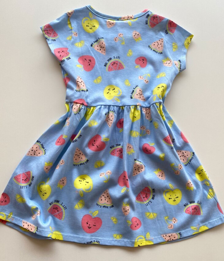 fernandaramoskids com br Vestido Infantil Feminino de Malha Estampa de Frutinhas Azul 2