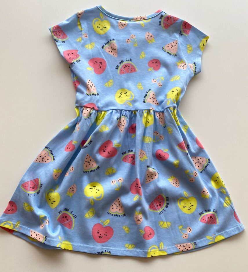 fernandaramoskids com br Vestido Infantil Feminino de Malha Estampa de Frutinhas Azul 2