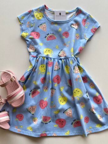 Vestido Infantil Feminino de Malha Estampa de Frutinhas Azul Fernanda Ramos Kids