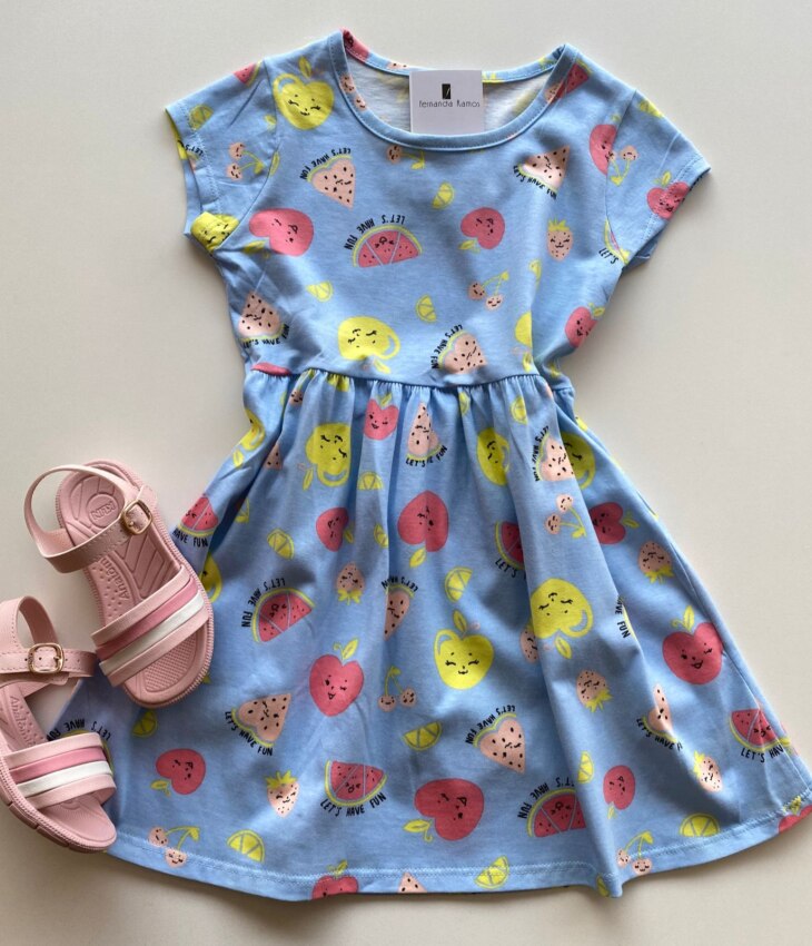 Vestido Infantil Feminino de Malha Estampa de Frutinhas Azul Fernanda Ramos Kids