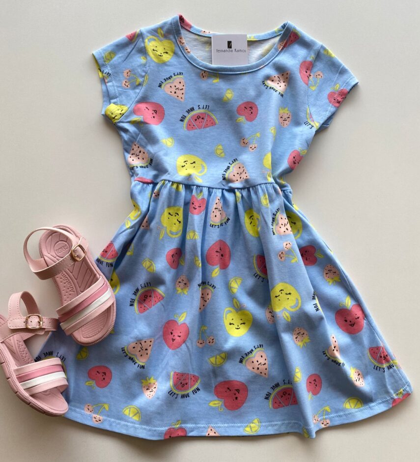 Vestido Infantil Feminino de Malha Estampa de Frutinhas Azul Fernanda Ramos Kids