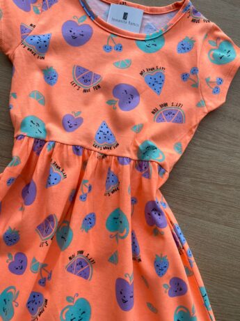 fernandaramoskids com br Vestido Infantil Feminino de Malha Estampa de Frutinhas Laranja 1