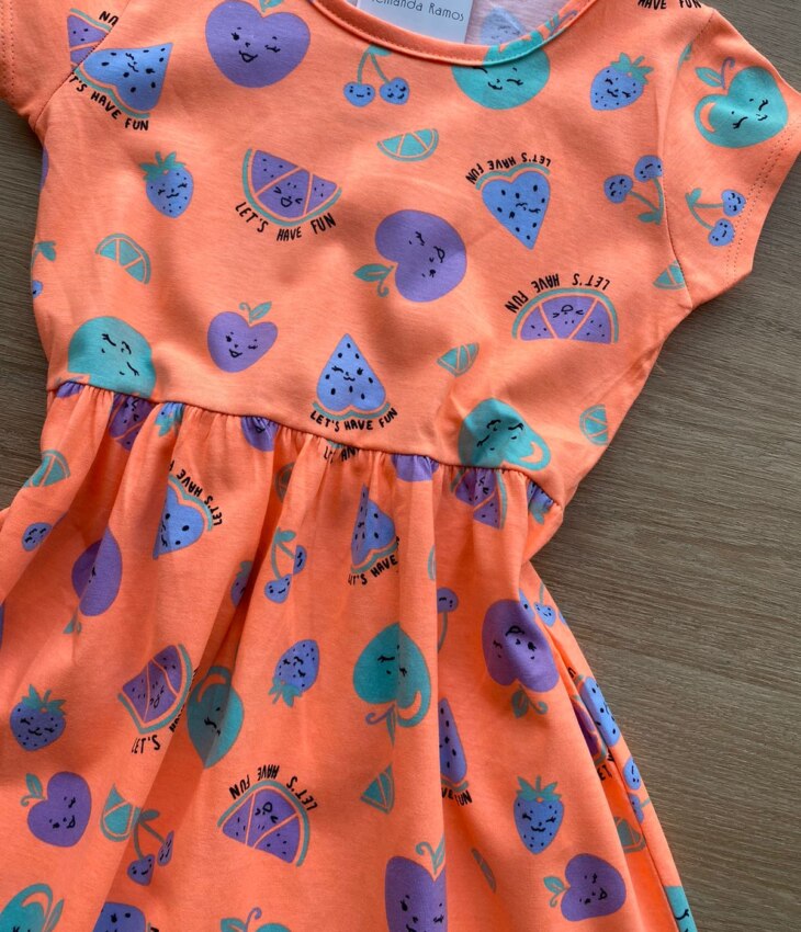 fernandaramoskids com br Vestido Infantil Feminino de Malha Estampa de Frutinhas Laranja 1