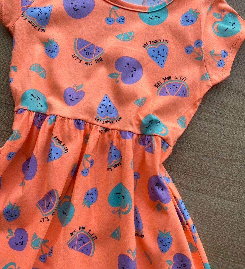 fernandaramoskids com br Vestido Infantil Feminino de Malha Estampa de Frutinhas Laranja 1