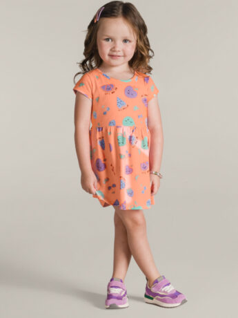Vestido Infantil Feminino de Malha Estampa de Frutinhas Laranja Fernanda ramos kids