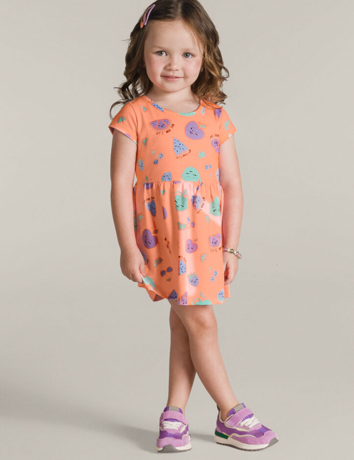 Vestido Infantil Feminino de Malha Estampa de Frutinhas Laranja Fernanda ramos kids