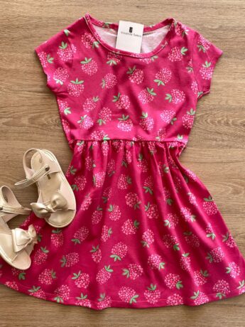 Vestido Infantil Feminino de Malha Estampa de Morangos Pink Fernanda Ramos Kids