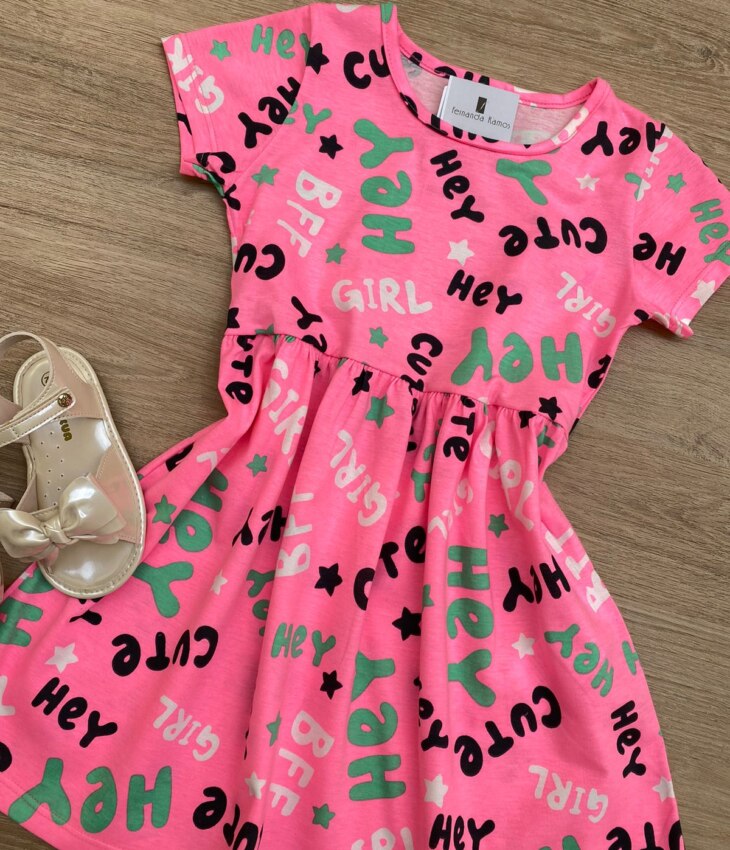 fernandaramoskids com br Vestido Infantil Feminino de Malha Estampado Pink Flúor 1