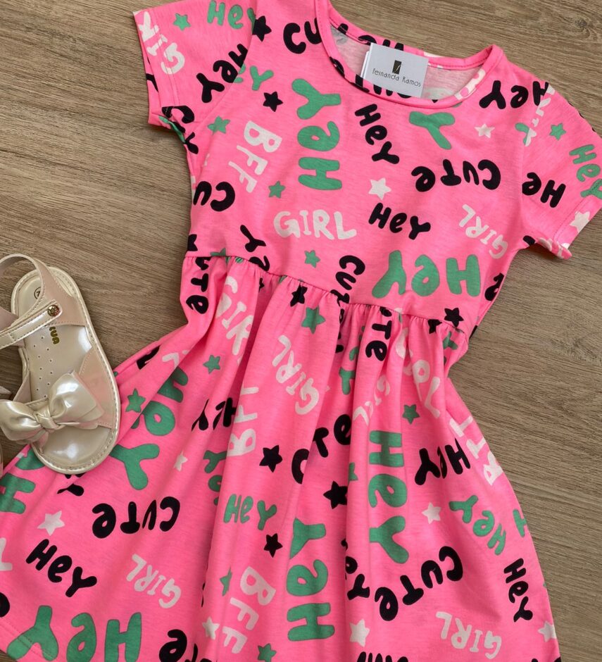 fernandaramoskids com br Vestido Infantil Feminino de Malha Estampado Pink Flúor 1