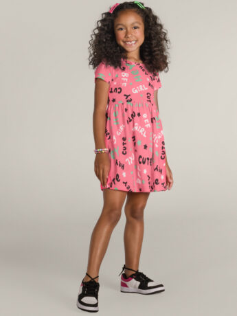 Vestido Infantil Feminino de Malha Estampado Pink Flúor Fernanda ramos kids