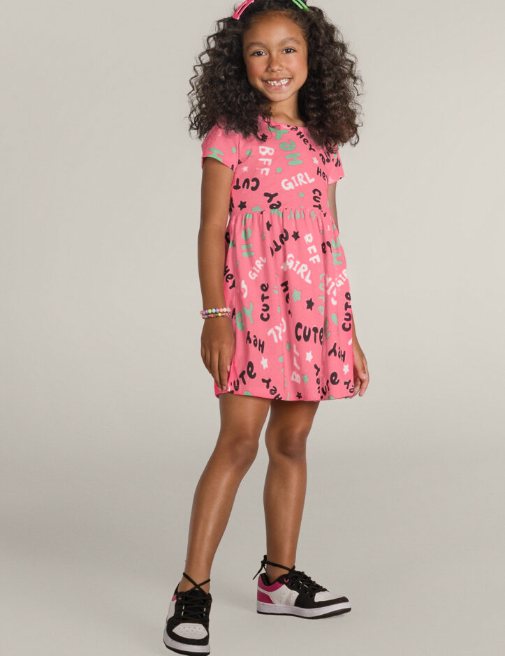 Vestido Infantil Feminino de Malha Estampado Pink Flúor Fernanda ramos kids
