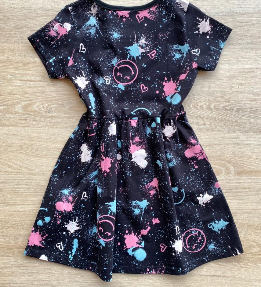 fernandaramoskids com br Vestido Infantil Feminino de Malha Estampado Preto 1