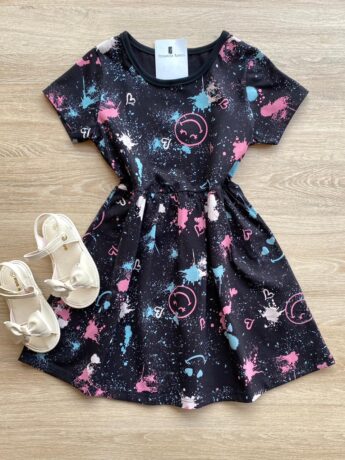 Vestido Infantil Feminino de Malha Estampado Preto Fernanda Ramos Kids