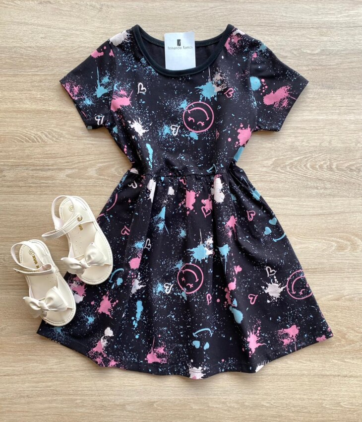 Vestido Infantil Feminino de Malha Estampado Preto Fernanda Ramos Kids