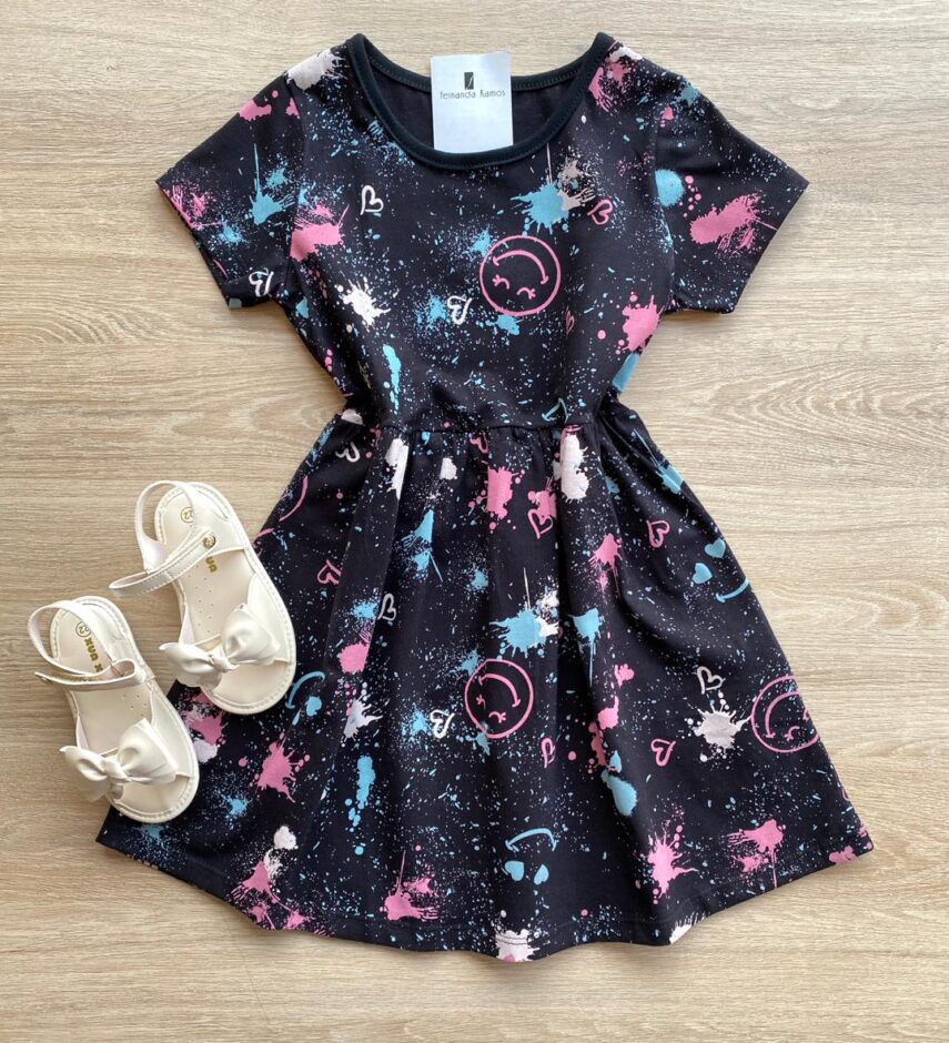 Vestido Infantil Feminino de Malha Estampado Preto Fernanda Ramos Kids